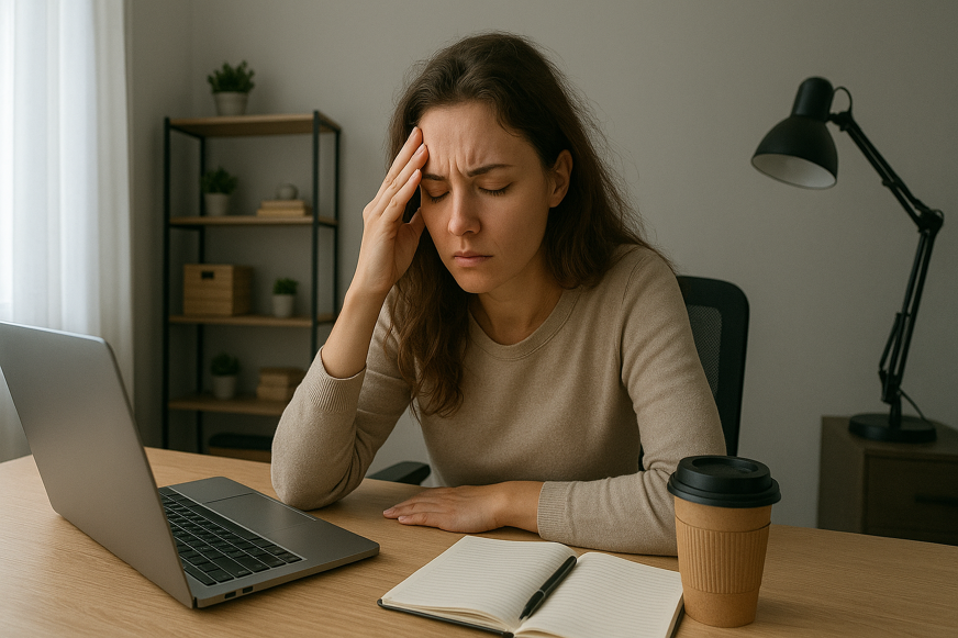Eine junge Person sitzt an einem Schreibtisch und hält sich schmerzhaft die Schläfen, sichtbar müde und erschöpft.